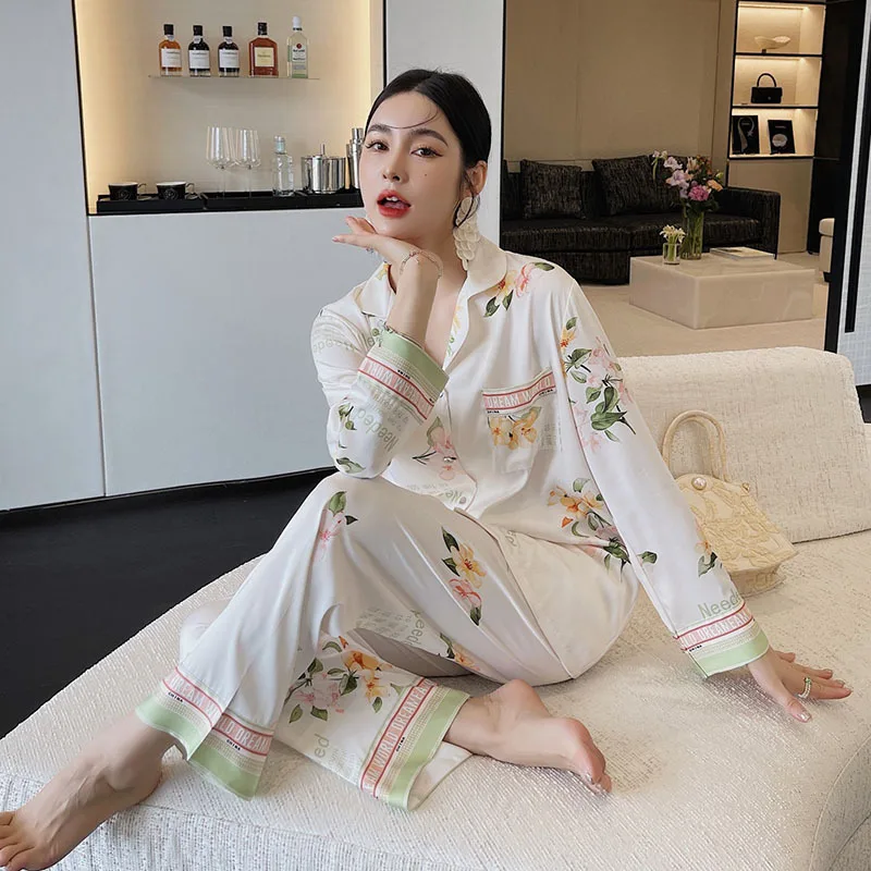 

Pajamas women's autumn 2021 new ice silk thin style simple leisure long sleeve trousers silk kawaii pajama