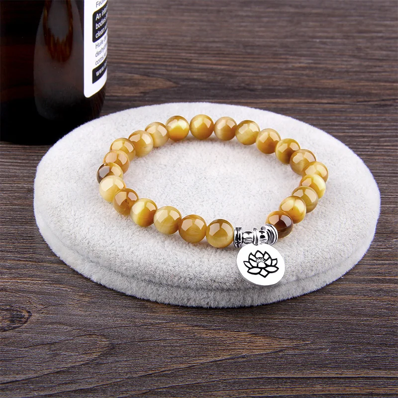 Женские браслеты для йоги, натуральный камень, браслет, лотос, шарм, тигровый глаз, браслет для женщин, мужчин, Йога, чакра, ювелирные изделия - Окраска металла: Gold
