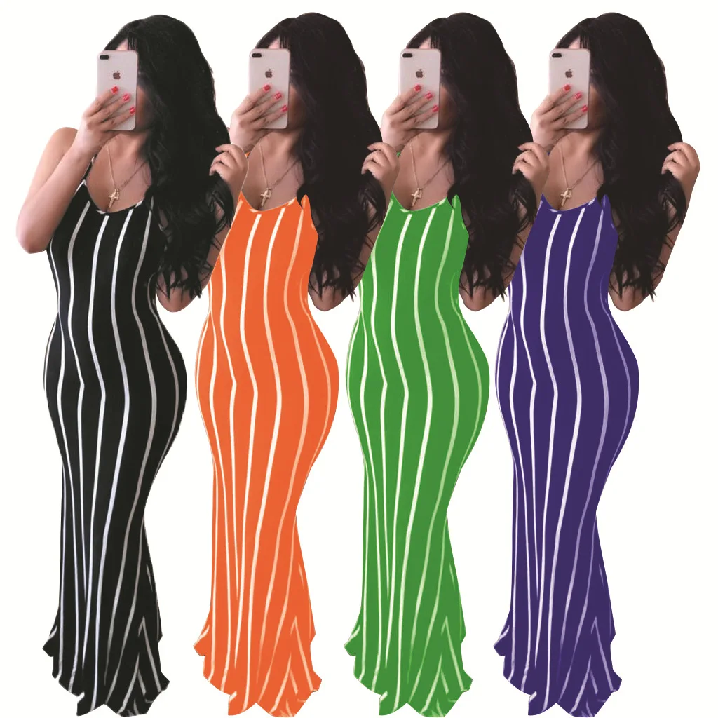 

Spot 2021 Европейская и американская мода повседневное сексуальное Полосатое платье для коррекции фигуры с лямкой на шее