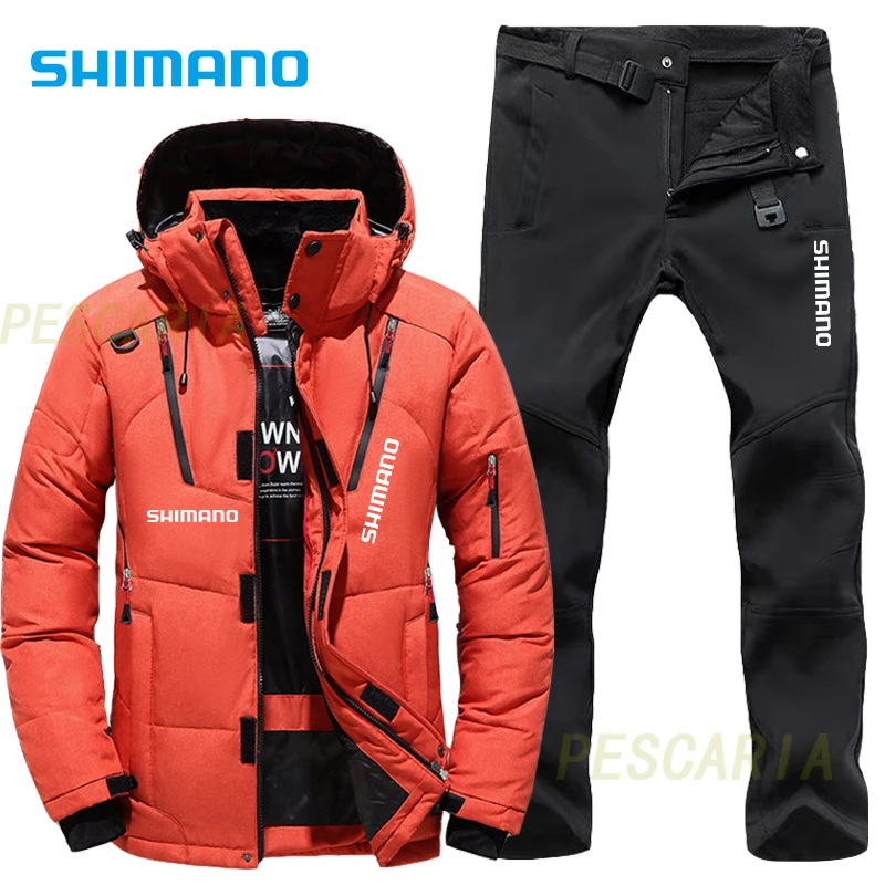 

2022 зимний рыболовный костюм Shamano с капюшоном, теплая спортивная одежда для рыбалки, Мужская одежда, белый утиный пух, водонепроницаемая одеж...