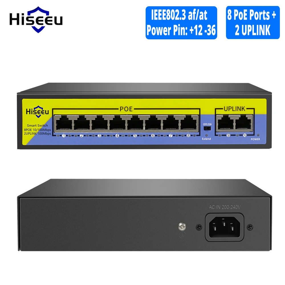 Hiseeu 48V 8 Порты коммутатор питания через Ethernet с Ethernet 10/100 Мбит/с IEEE 802,3 af/at для IP Камера/камера видеонаблюдения системы безопасности/Беспроводной AP ft