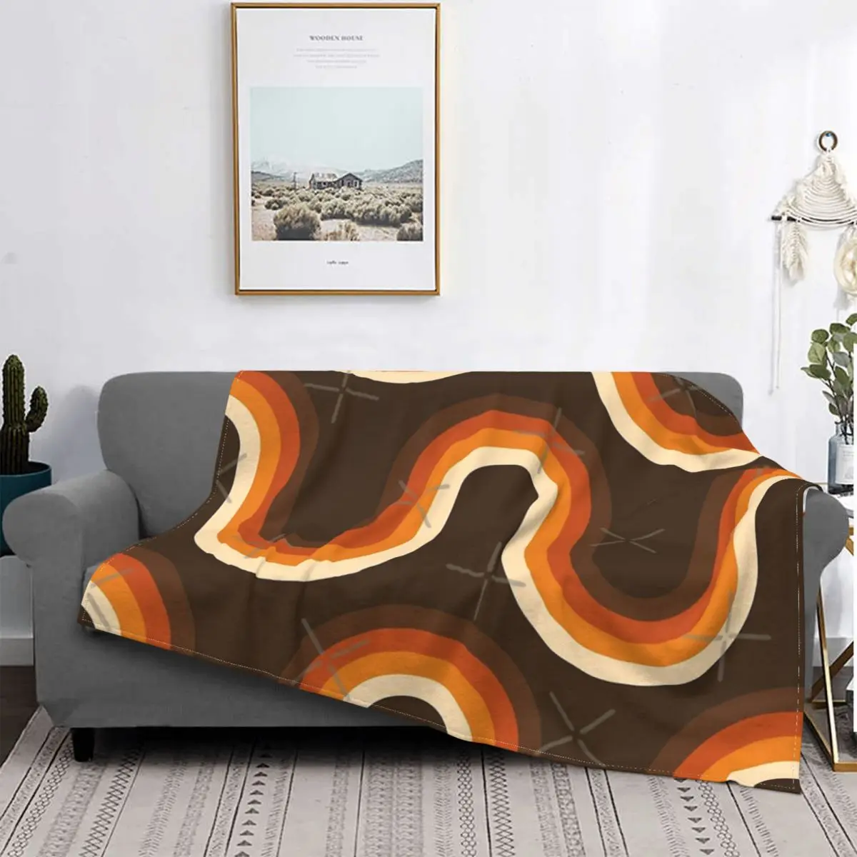 

Manta con estampado de olas naranjas y marrones de los 70, para cama colcha a cuadros, 150, manta doble, 220x240