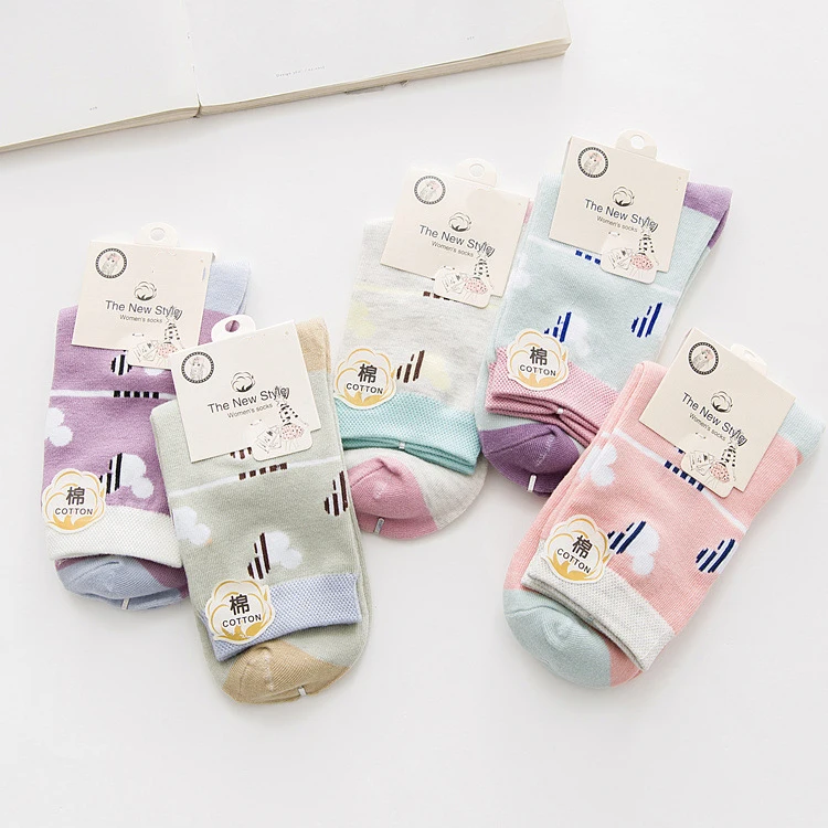 Женские хлопковые короткие носки 5 пар повседневные средней длины с милым