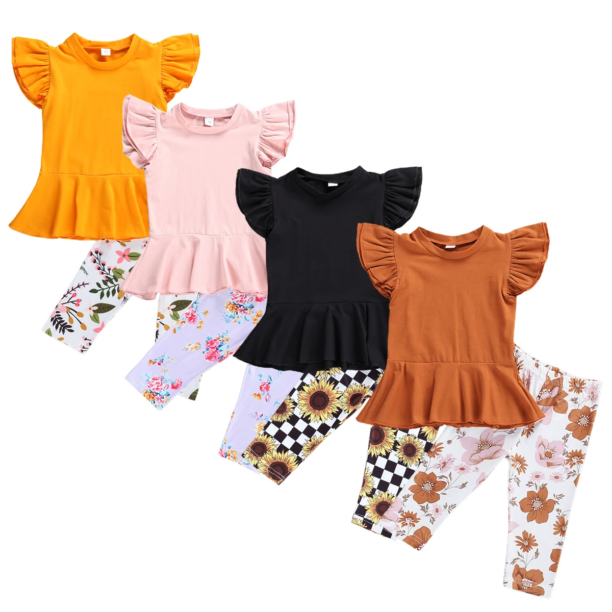 

Kids Girls Set 1T-6T Top Floral Trousers Short Sleeve Ruffle Round Collar High Waist Flouncing Hem Elastic Clothes