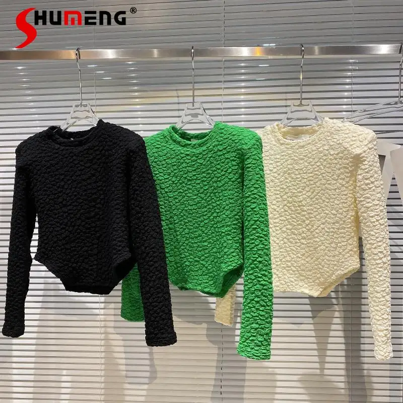 

2021 Winter New Fashion Pleated Slim-Fit Long-Sleeved Tees for Female Solid Color Irregular Round Neck Pullover Top Women's