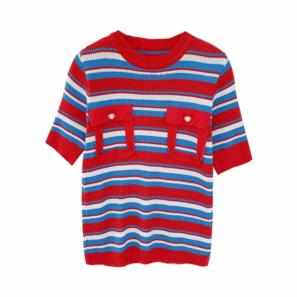 

Women's O-Neck Pocket Tee Korean Style Striped Slim Casual Short Sleeve Stretch Knitted T-shirt Casual Fashion Female Tops