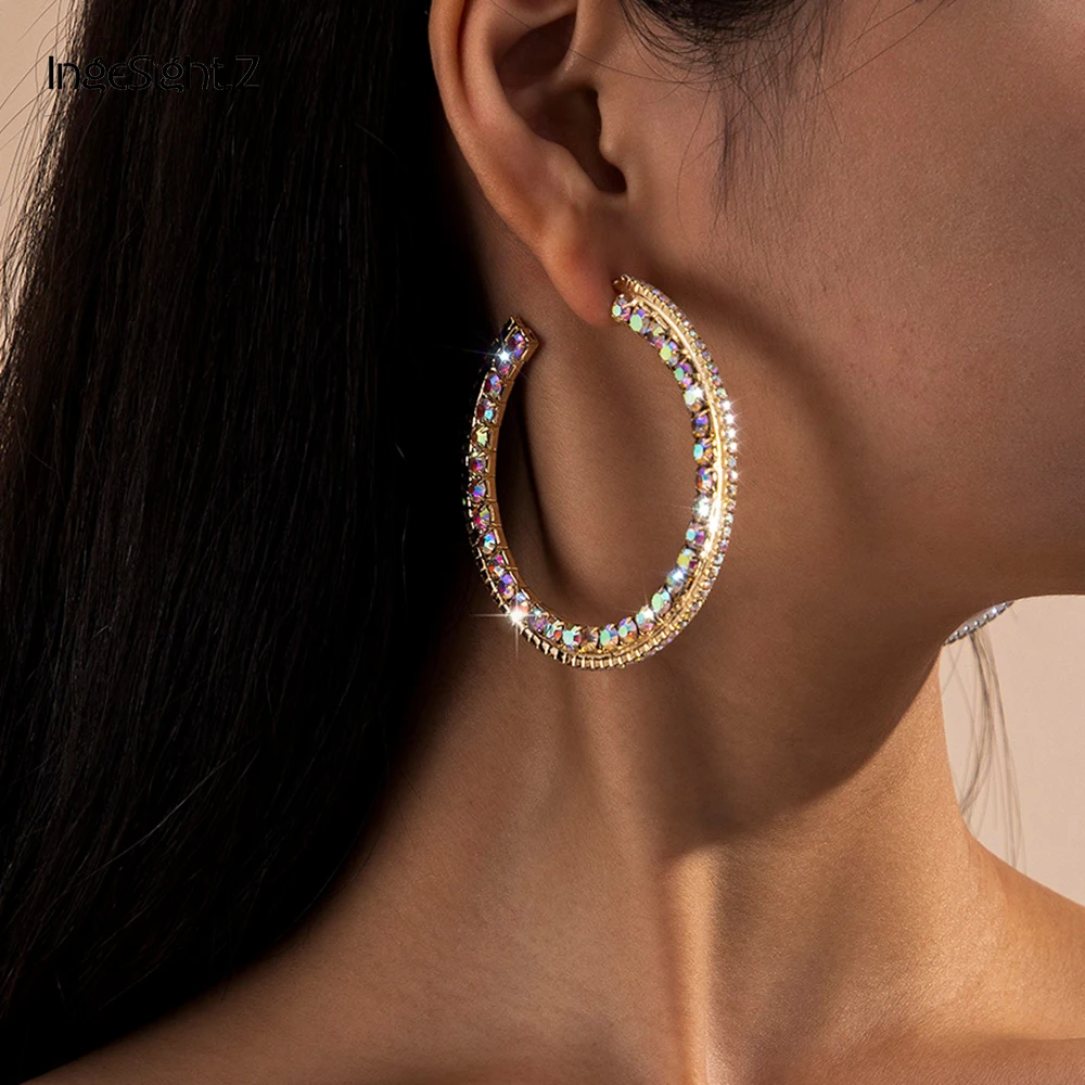 

IngeSight.Z Luxury Stylish Shiny Rainbow Rhinestone Crystal Large Hoop Earrings Bling Big Loop Earrings for Women Girls Jewelry