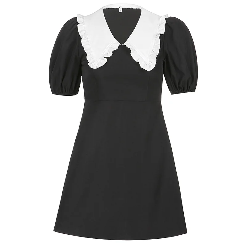 

Ins wind women's 2021 summer new doll collar stitching contrast color waist bubble sleeve short sleeve dress