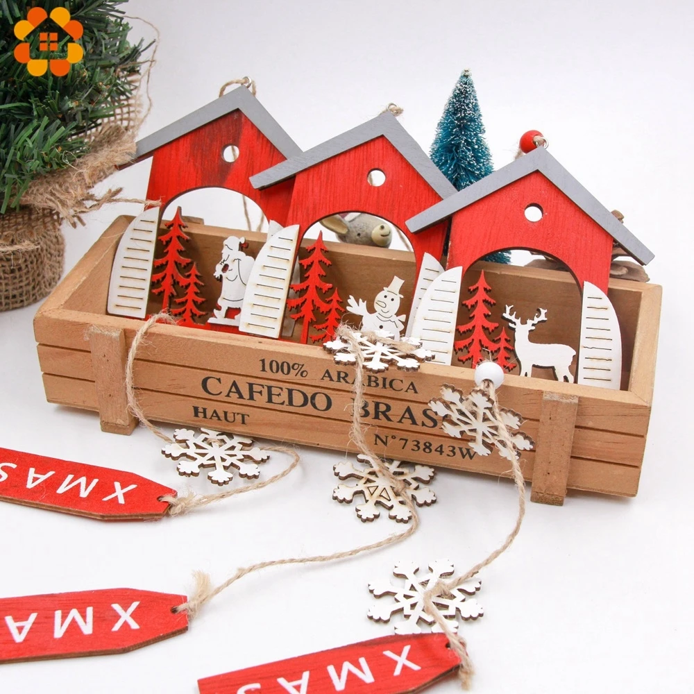 1PCS Red Wooden Santa Claus/Snowman Christmas Pendants Ornaments House Shape Xmas Tree Ornament For Party Decoration | Дом и сад