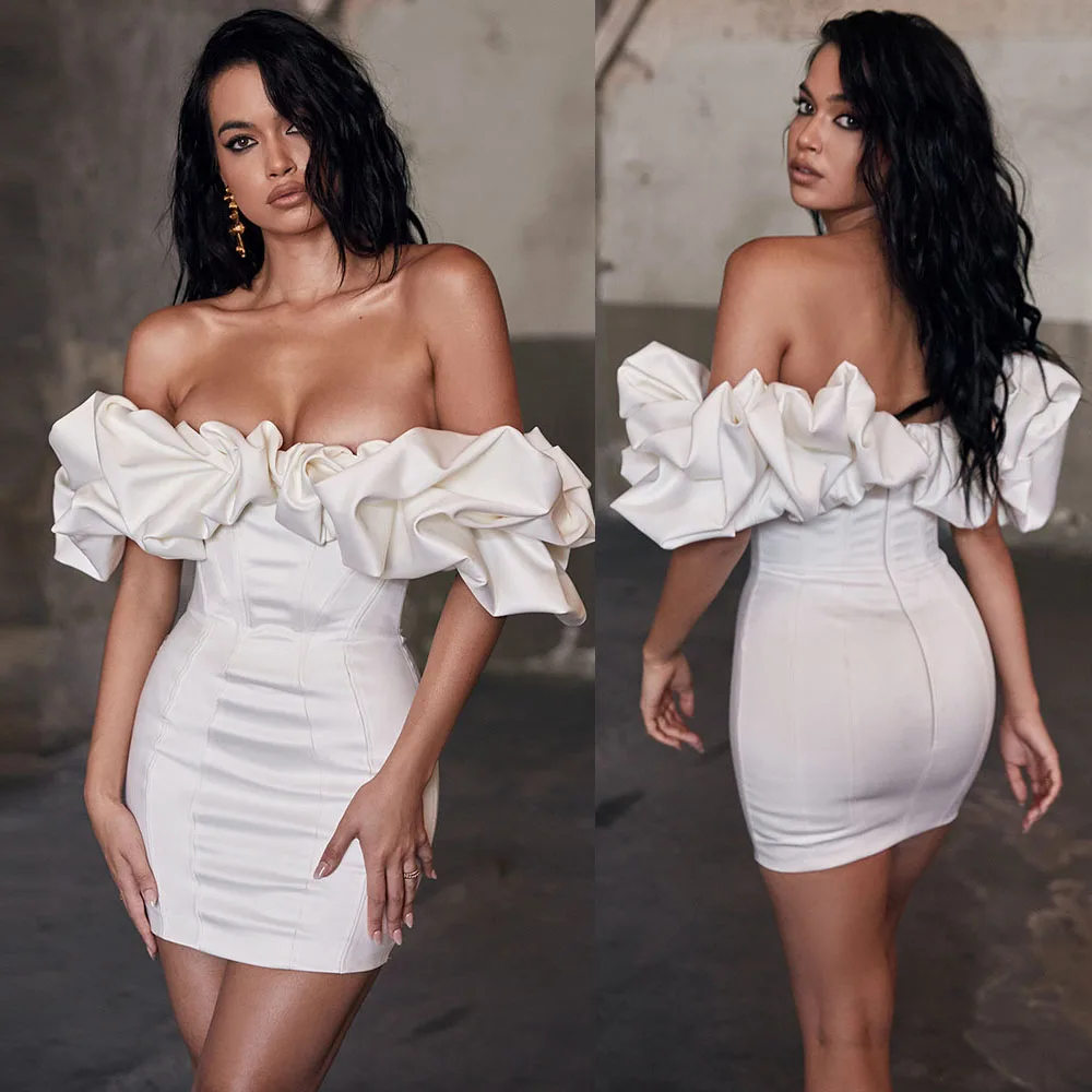 

SEBOWEL Fashion Summer Woman Off the Shoulder Ruffles White Party Dresses Elegant Lady Skinny Slim Bodycon Mini Dresses S-XL