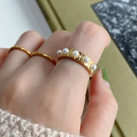 925 sterling silver ring fashion simple round zircon checkered pearl ring temperament wild female girl silver hand jewelry