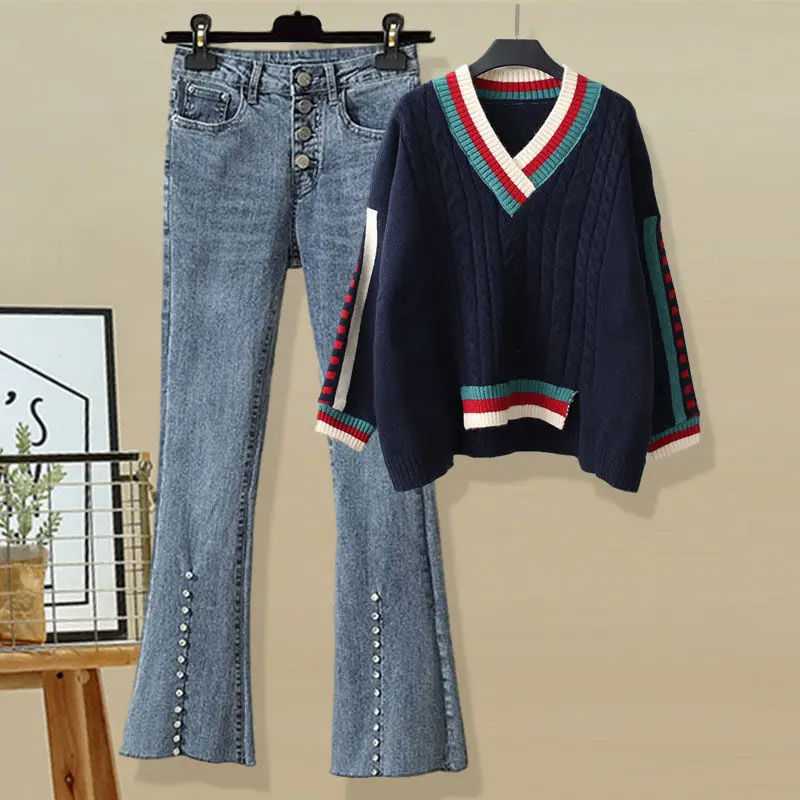 

Женские брюки, осенний свитер в Корейском стиле в полоску Traf, модный джинсовый свитер с высокой талией, легкий цвет, повседневный костюм Y2k, ж...