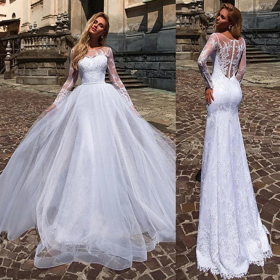 

Charming Two Pieces 2 In 1 Wedding Dresses With Lace Appliques Mermaid Bridal Dress with Detachable Skirt vestido de noiva