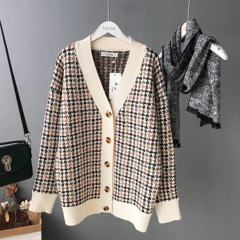 

Plaid Cardigan for Women Autumn Long Sleeve Women's Sweater V-Neck Oversize Cardigan Woman Single Breasted Ladies Sweater 2021