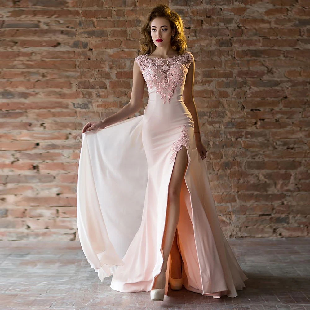 

High Slit Applique Deep V-Neck Sleeveless Pink Evening Dresses for Dinner Party Floor-Length with Puffy Chiffon Sequined 2022