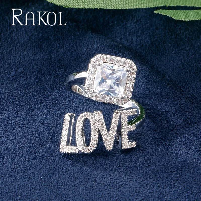 RAKOL Luxury Square Cubic Zirconia Ring for Woman Fashion Love Letter Anniversary Party Dress Wedding fashion Jewelry RR2127 | Украшения и
