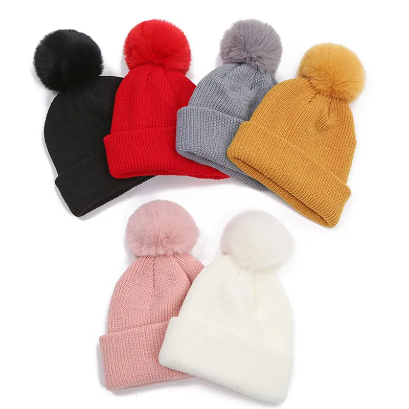 

Children Winter Warm Beanies Hat Faux Fur Pom Poms Wool Ball Knitted Ski Caps Thick Bonnet for Baby Kids Toddler Pullover Hat