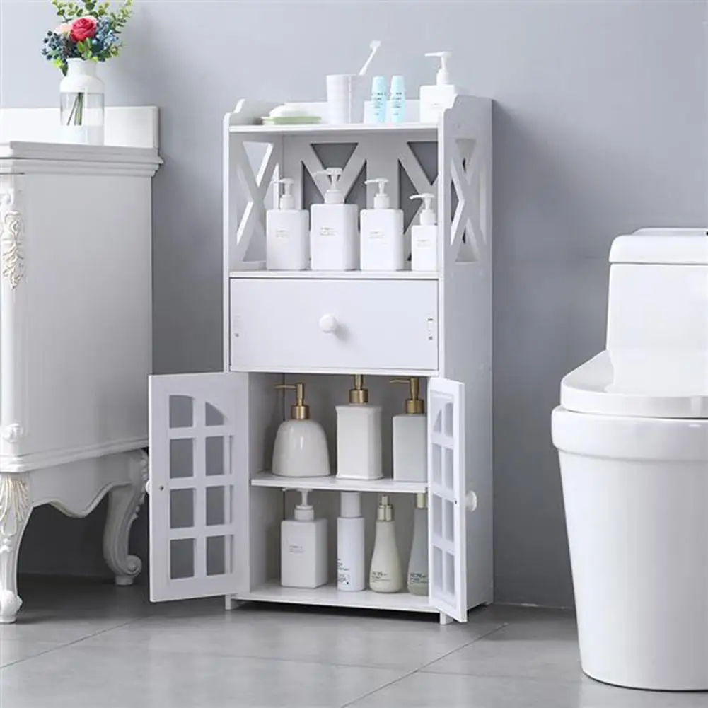 

Bathroom Living Room Stand Two Shelf Storage Rack Double Door Compartment Waterproof With Drawer Shelf 41x25x90cm