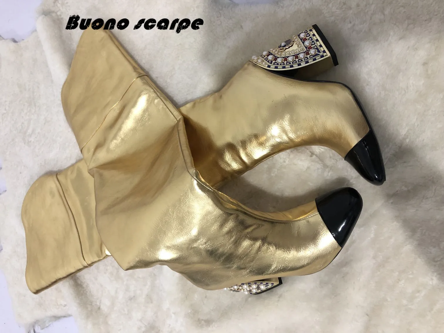 Buonoscarpe/Новинка; модные кожаные ботинки золотистого цвета; Bota Feminina; Новое поступление; Botas Mujer; туфли на высоком каблуке со специальной формой