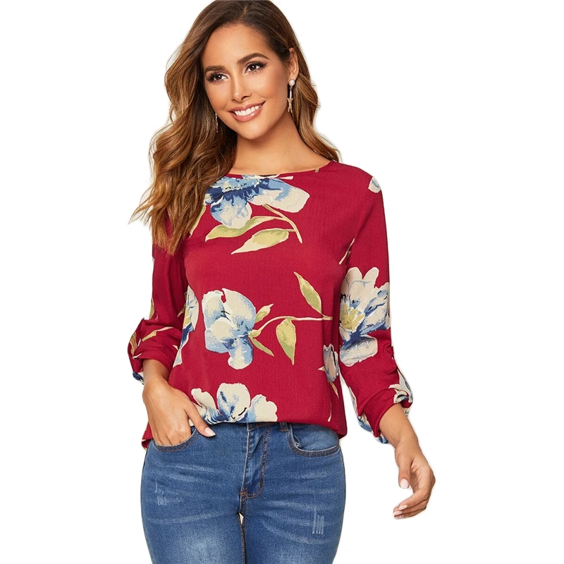 SHEIN, красный рулон, рукав-вкладка, цветочный принт, блузка, женские топы, весна-осень, круглый вырез, с закатанными рукавами, повседневные блузки