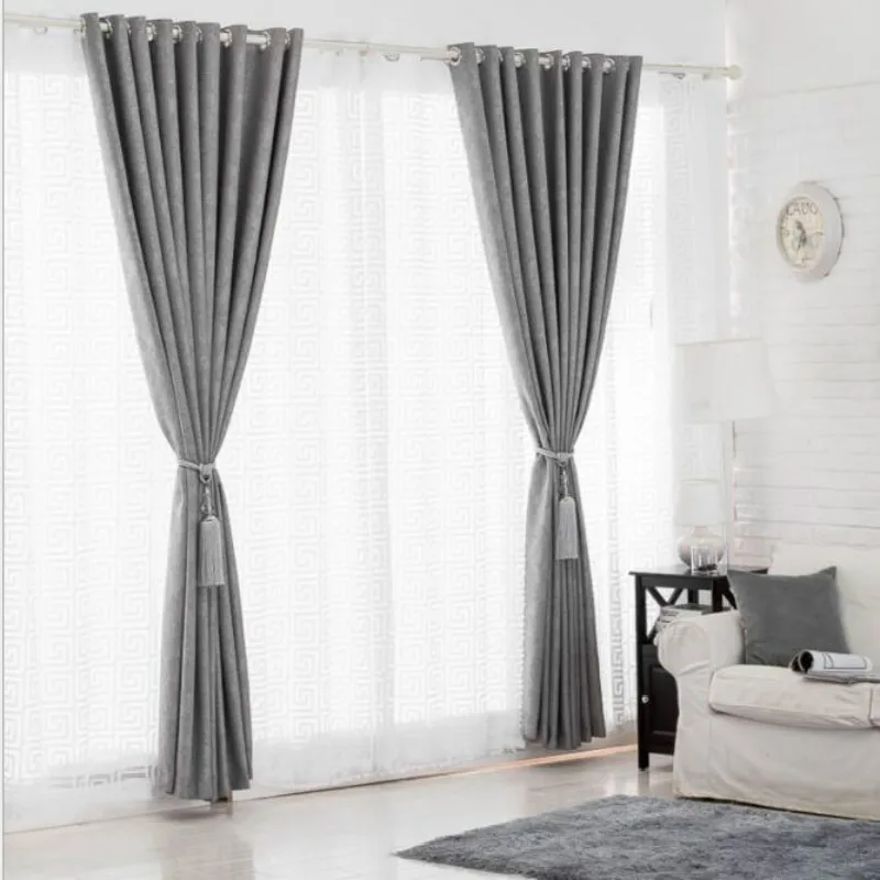 Шторы затемняющие плотные серые занавески из имитации льна с тиснением для
