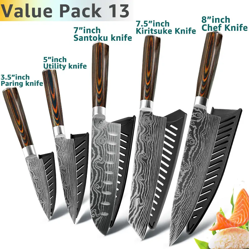 Value Pack 13 Кухонный нож 8 дюймов, японские ножи шеф-повара 7CR17 440C из высокоуглеродистой нержавеющей стали, дамасский чертежный универсальный набор сантоку, Кливер - Цвет: Value Pack 13