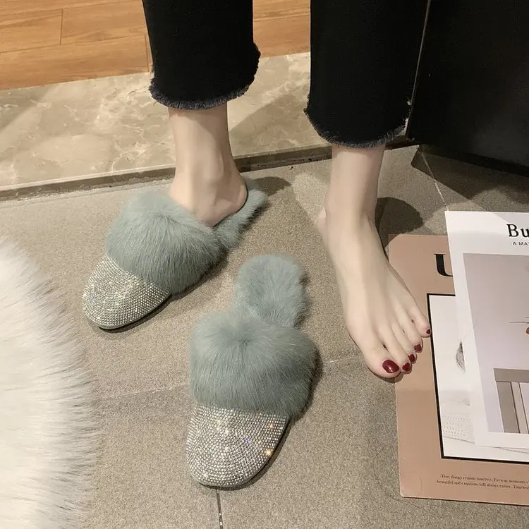 

Winter Slippers Women Fur Slides Warm Plush Home Shoes Rhinestone Furry Slippers Ladies Slip On Slippers Flats Shoes