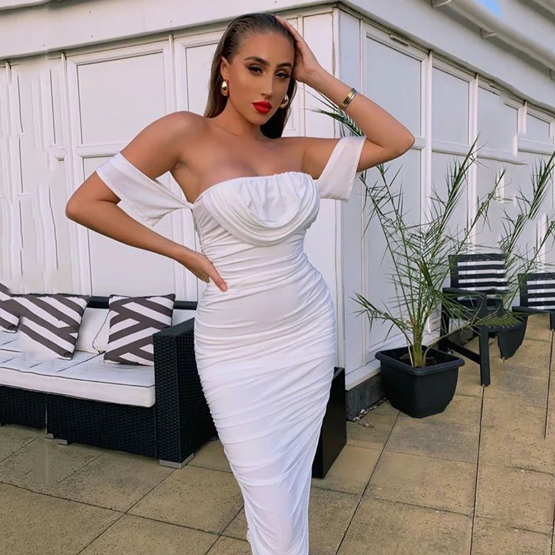 

Solid Summer Skinny Elegant Sundress Slash Off Shoulder Pleated Stacked Midi Dress Ladies Party Club Vintage Vestidos