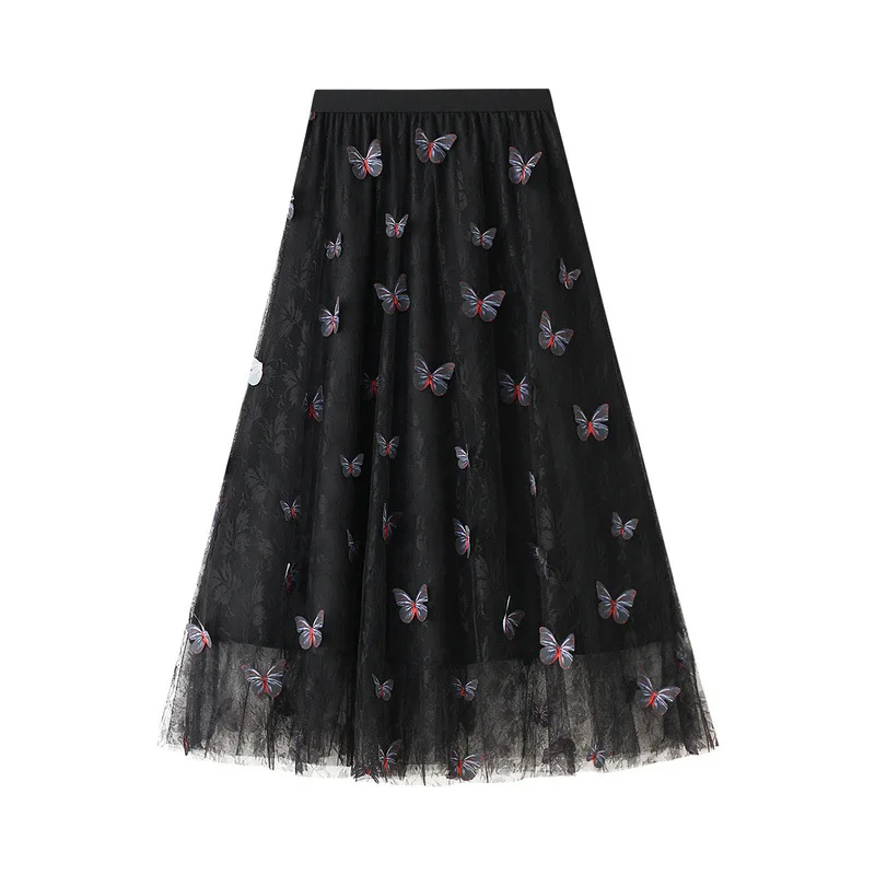 

GTGYFF Solid Three-Dimensional Butterfly Skirts For Womens Summer Elastic High Waist Midi A Line Umbrella Tulle Skirt Saia Pink