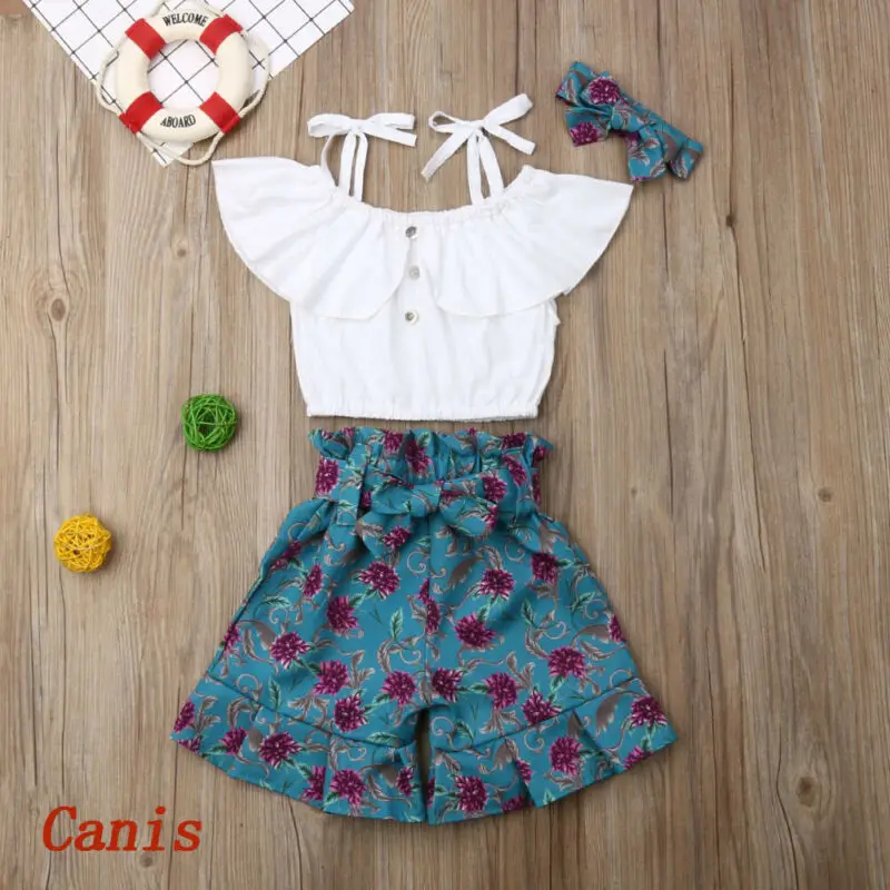 

US 3PCS Toddler Kids Baby Girl 2T-7T Clothes Sling Ruffle Vest Tops Shorts Outfits Set