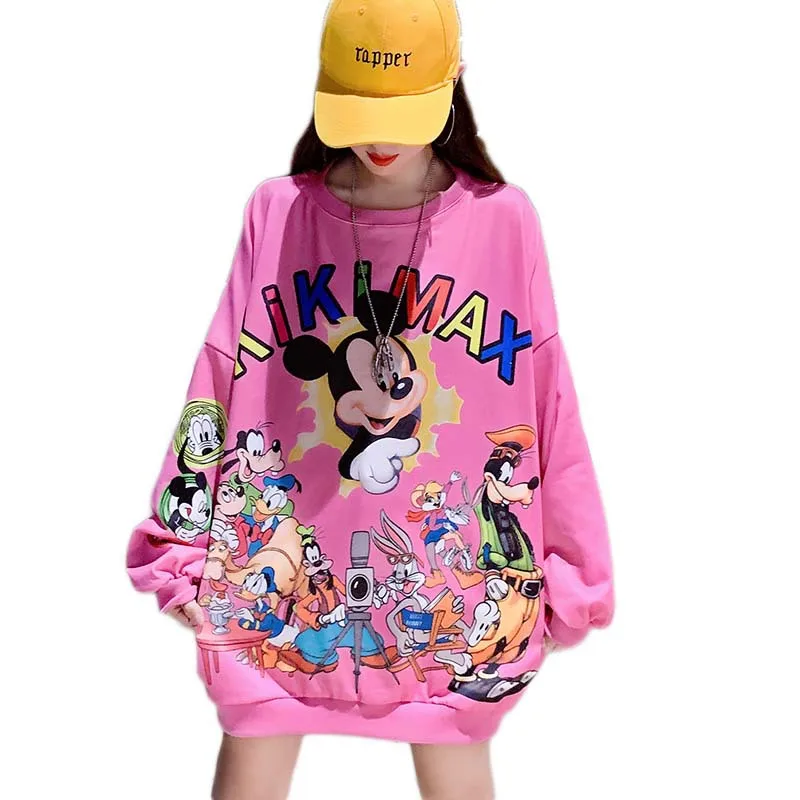 

Disney Mickey Minnie Women's Fall/Winter Prom Print Long Sleeve Turtleneck Loose Round Neck Mid-length T-Shirt Dress Base Shirt