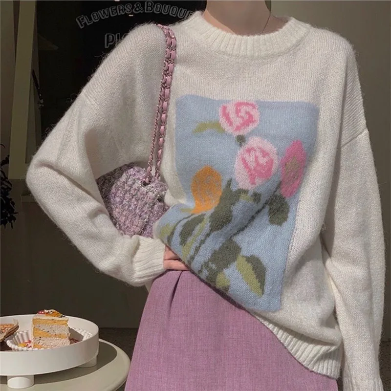 

Japanese-Style Vintage Pullover Sweater Women O-Neck Long Sleeve Lazy Style Loose Knitwear Jacquard Jumper Tops TT0408