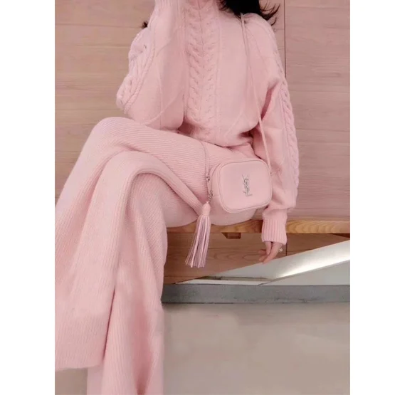 high-collar twist pink sweater two-piece women's knitted suit wide-leg pants western style suit tide Women's office suit