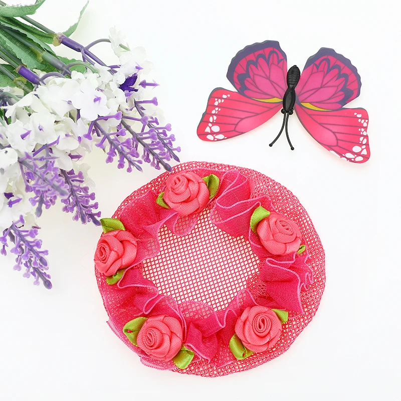 Rose Red 8 см цветок кружева Hairnet милые многоразовые сетки для волос для танцоров Сетчатое покрытие аксессуары для укладки волос детская балетная Одежда для танцев - Цвет: Rose Red