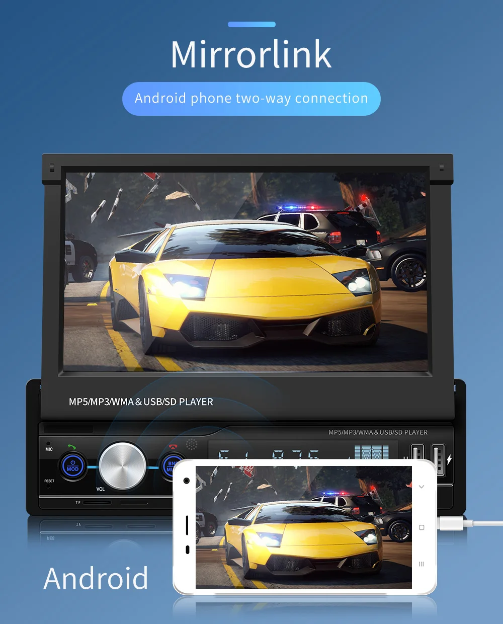 7" Retractable Car Stereo Multimedia Din MP5 Player Remote Control Touch Screen Mobile Interconnection/Rearview/TF Card/AUX/USB |