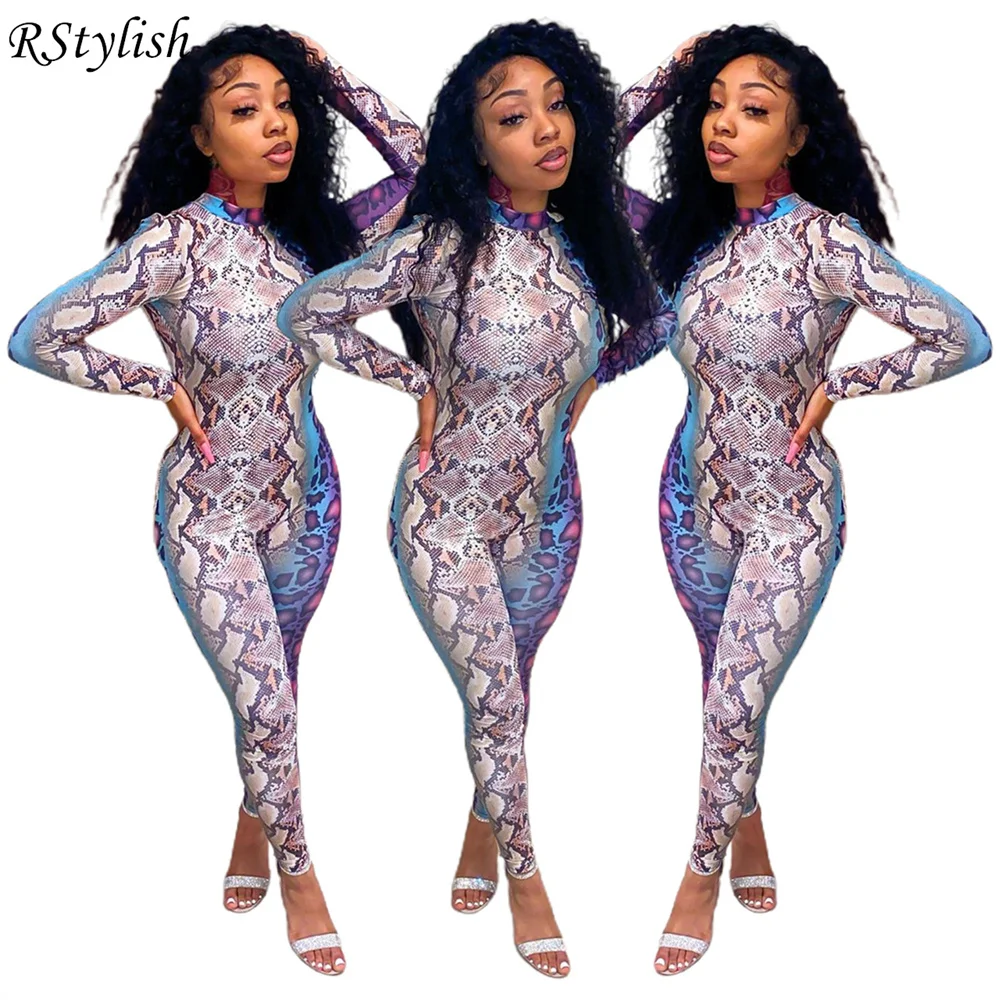

Женский комбинезон со змеиным принтом, демисезонный облегающий клубный комбинезон с круглым вырезом и длинным рукавом, 2022