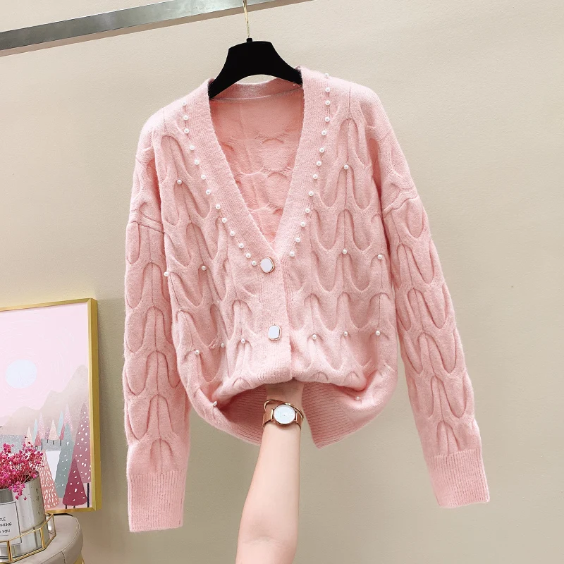 

Милые, с декоративной отделкой бисером, с v-образным вырезом, вязаный кардиган для женщин; Сезон осень-зима 2020 новые модные короткие свитер С...
