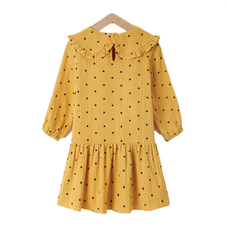 

Girls Long Sleeve Polka Dot Dress Yellow Ruffle Round Neck Lovely Loose Casual Knee Length Skirt Fashion Print Stitching Skirts