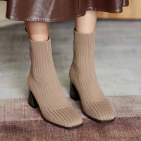 eoeodoit 7 cm high heels sock boots women autumn new fashion square toe square heel calf booties knit fabric pumps