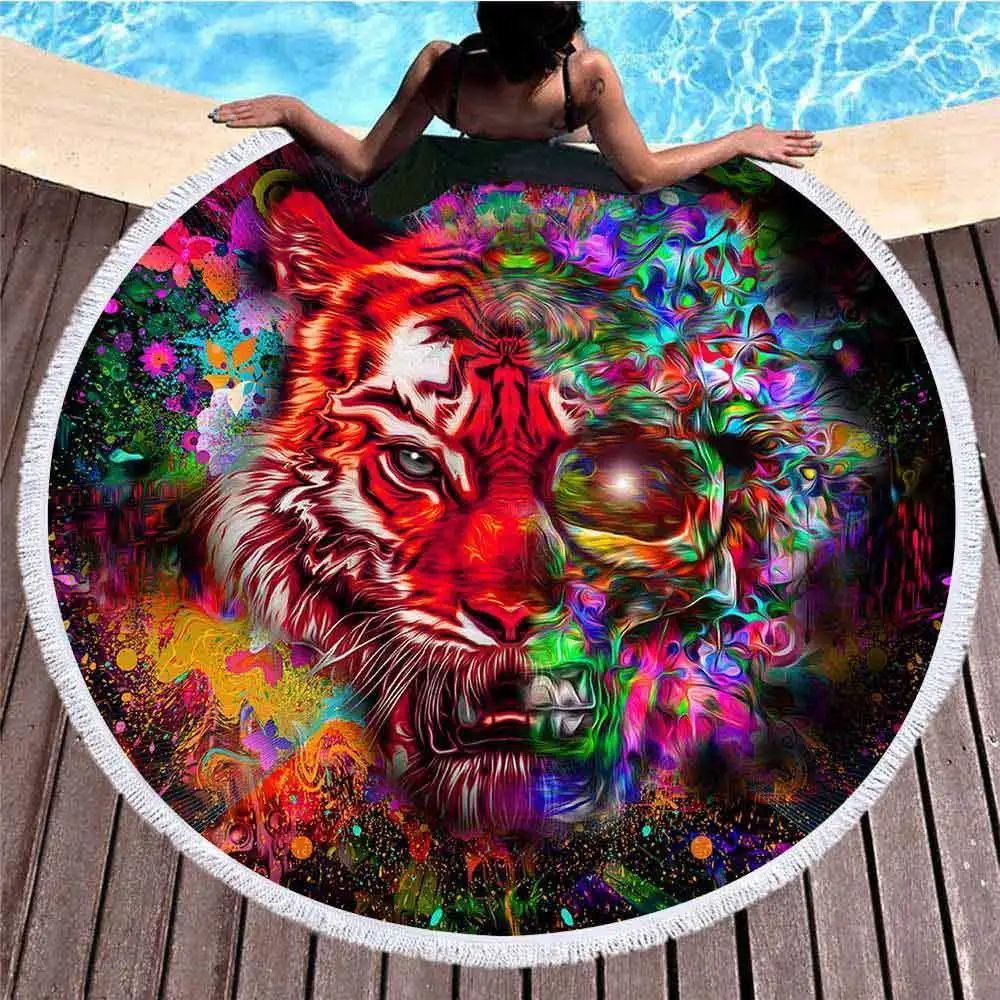 

Круглое пляжное полотенце из микрофибры, быстросохнущее, с цветным принтом в виде животных, Льва, красных сердец, для взрослых
