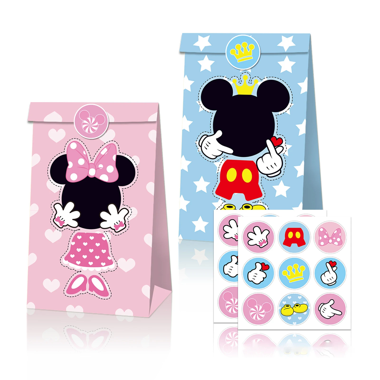 

12pcs Mickey Minnie Mouse Party Gift Bag Birthday Favor Bag Kids Treat Goody Candy Bag With18 stickers for Gifts Party Supplies