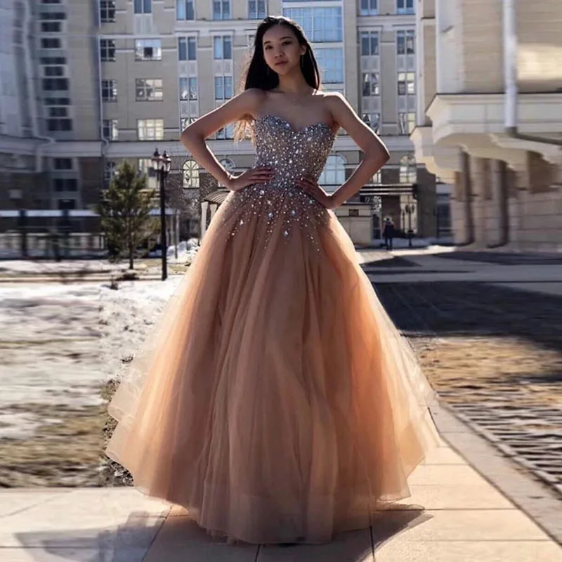 

Eightale Champagne Prom Dress Sweetheart Beaded with Rhinestones A-Line Tulle Crystals Evening Dress for Graduation Party Gowns