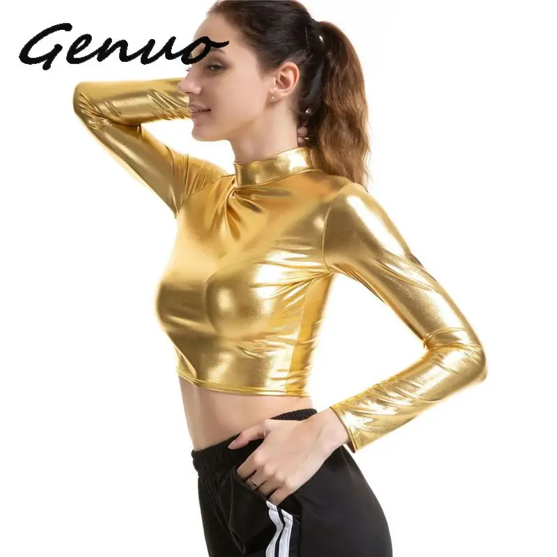 Женский укороченный Топ с длинным рукавом жидкий металлик водолазка в стиле панк