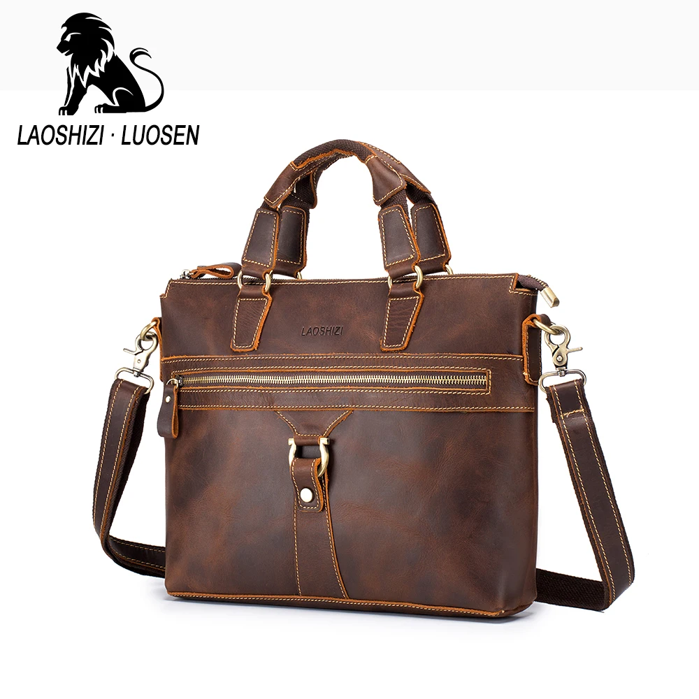 LAOSHIZI Crazy Horse 15 дюймов портфель из натуральной кожи сумка для ноутбука Сумка тоут