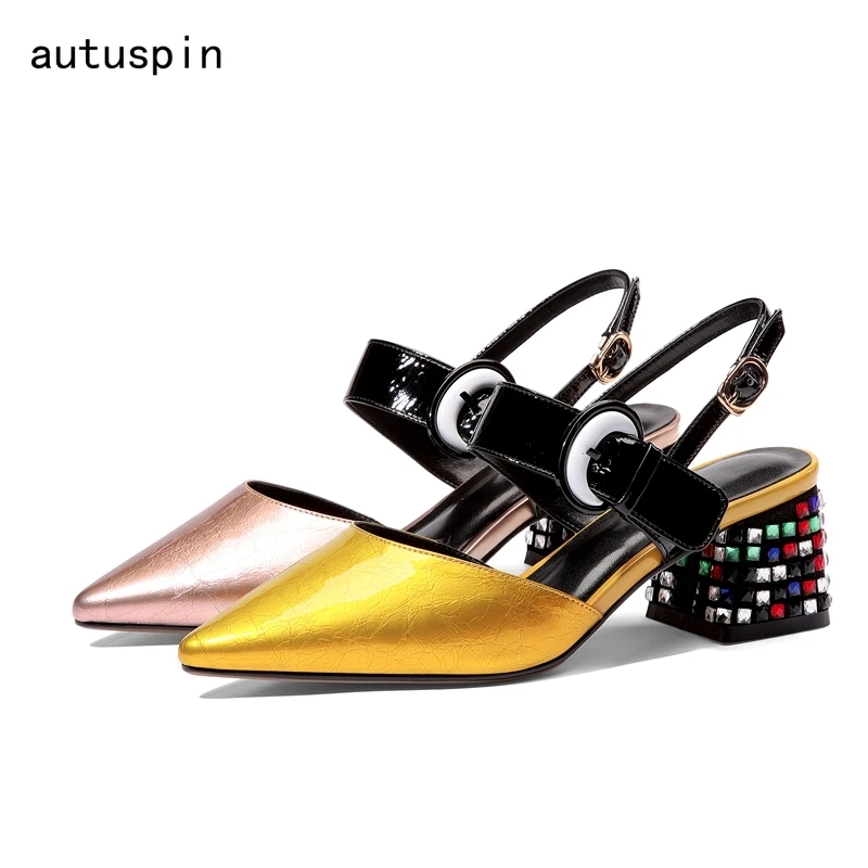 

Summer Women Sexy Sandals Classic Genuine Leather Pointed Toe Square Heels Buckle Casual Shoes OL Office Dress Shoes 2020 Spring