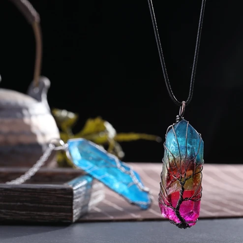 Reiki Chakra Rainbow Natural Stone Copper Wire Wrapped Pendant Necklace for Women Men Long Chain Tree of Life Statement Jewelry | Украшения