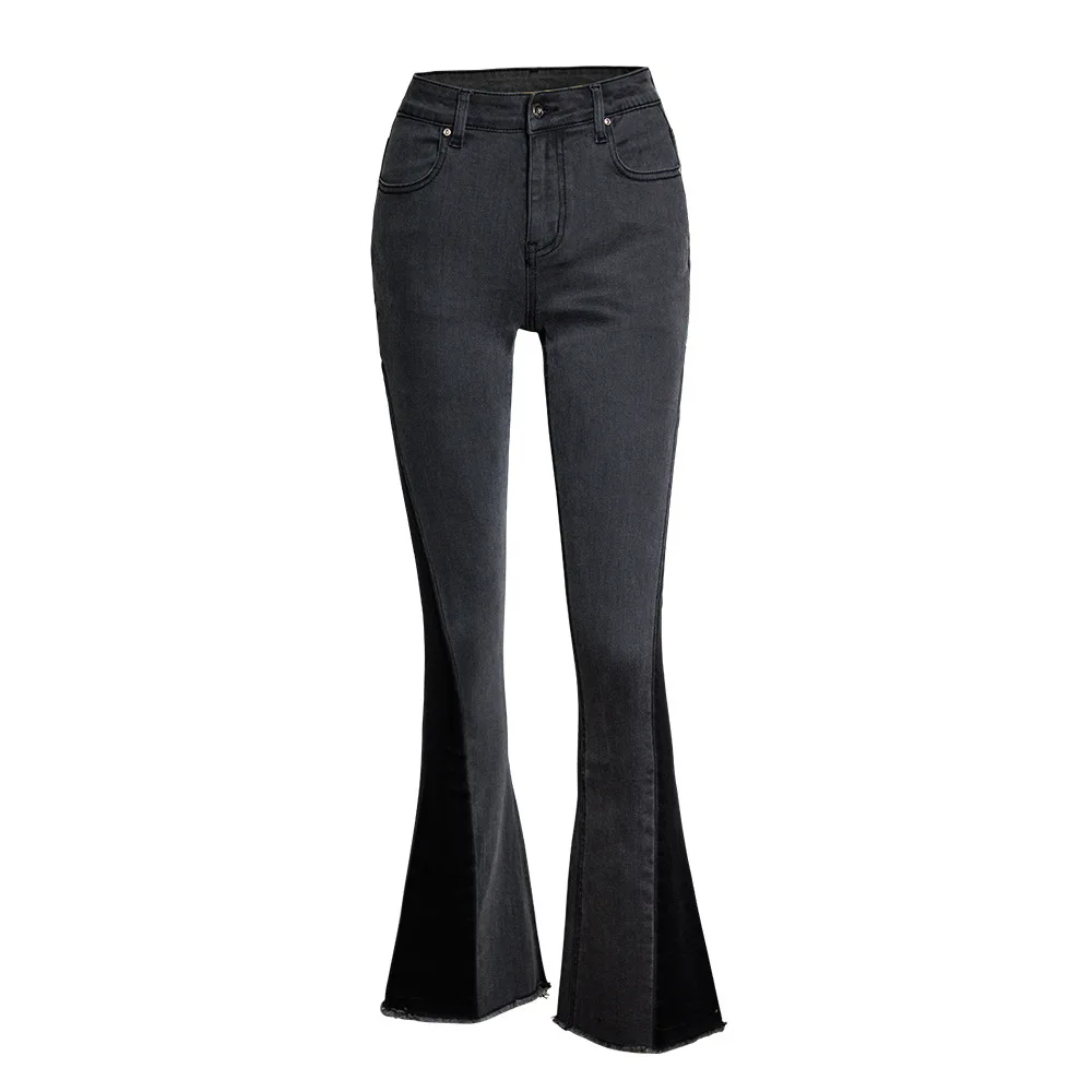 European And American Women's Black Wide Leg Pants Foot Mouth Contrasting Color Cowboy Bell-bottom |
