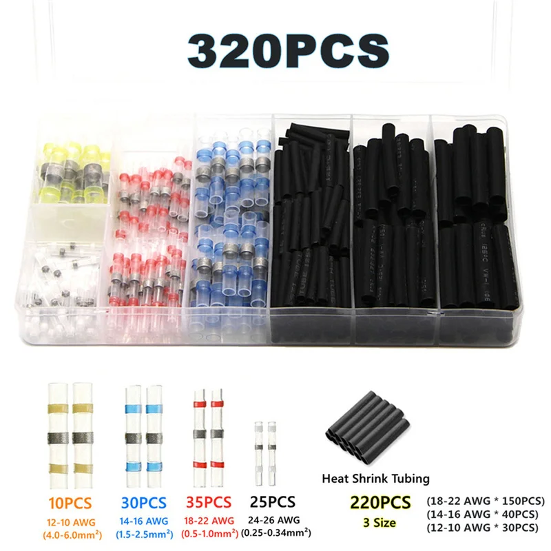 

320pcs Insulated Soldering Sleeve Seal Heat Shrink Wire Splice Wire Connector Waterproof Butt Terminals Kit Assortment AWG