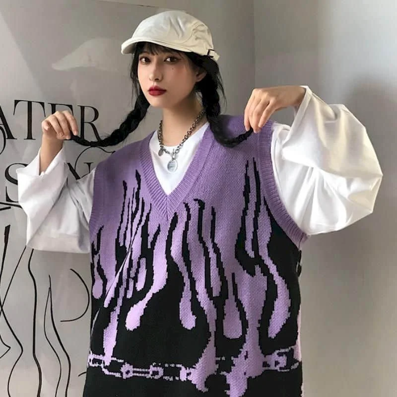 Женский вязаный свитер жилет популярный цветной без рукавов с пламенем Топ 2021
