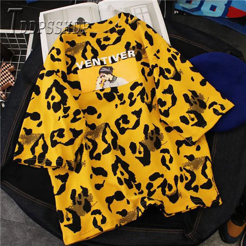 Женская футболка с леопардовым принтом в Корейском стиле 95% хлопка лето